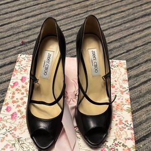 Jimmy Choo Black Leather Peep Toe Heels